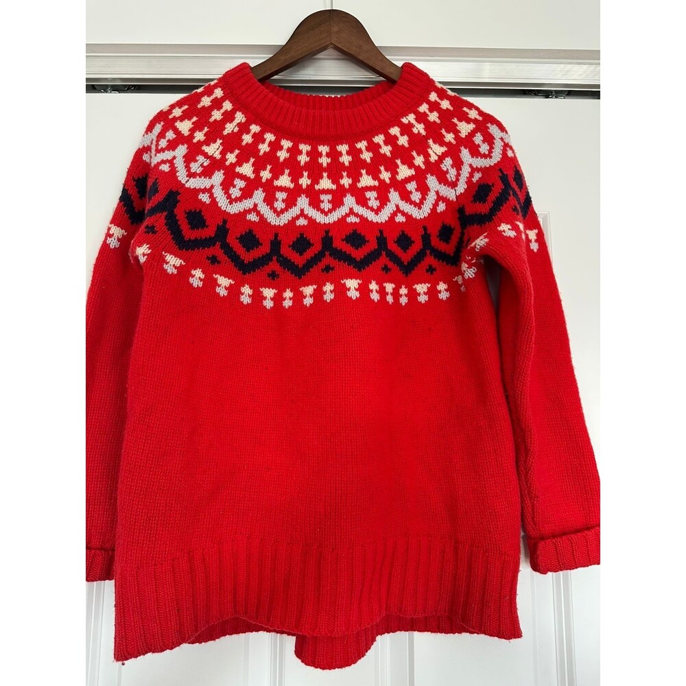 J. Crew Womens Red S Wool Fair Isle Crew Sweater Christmas Fisherman Nordic Ski